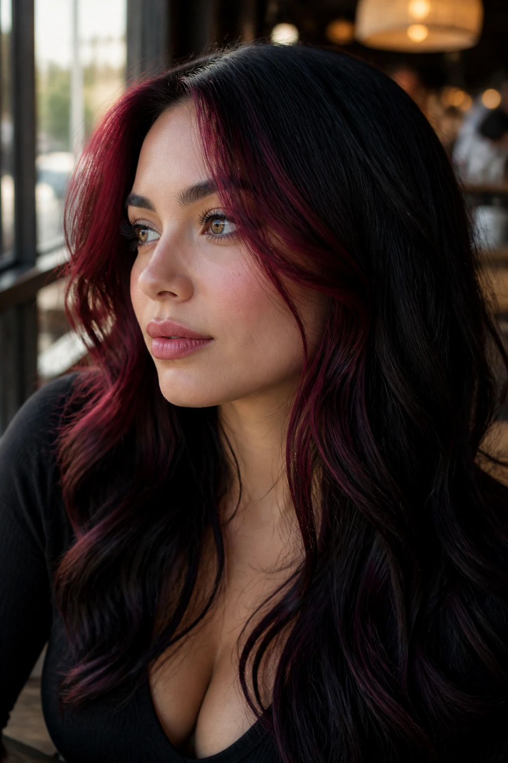 Close-up of a real woman with black-cherry front pieces framing the face.
