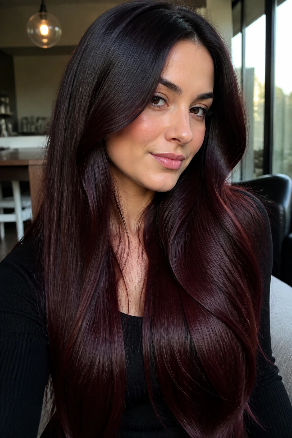 Real person with black cherry ombre and shiny finish