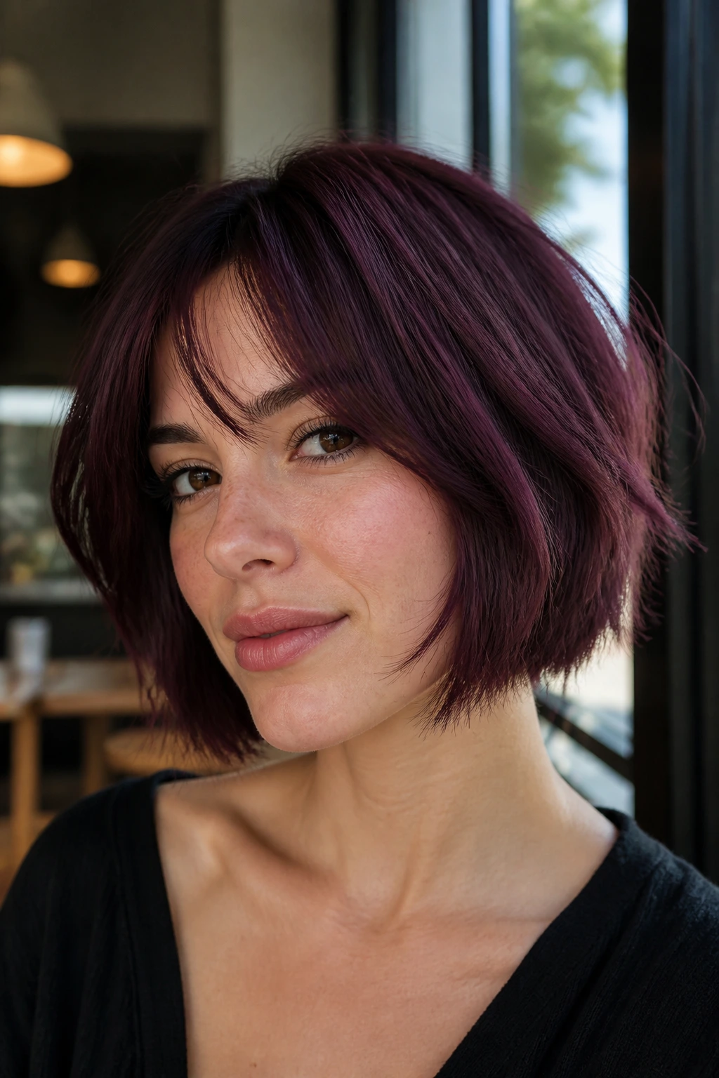 Portrait of a real woman with a black cherry purple razor-textured bob