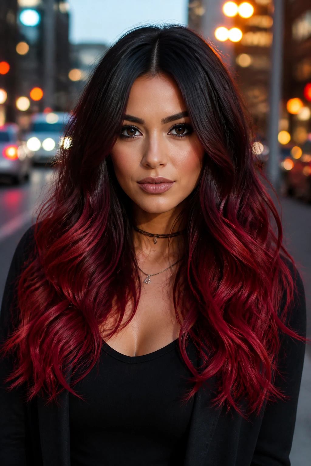 Close-up of a real woman's hair from black roots to cherry red ends