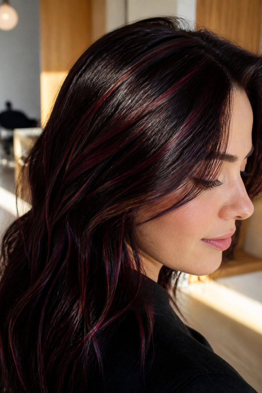 Hair with thin black cherry ribbons woven through dark base in portrait.