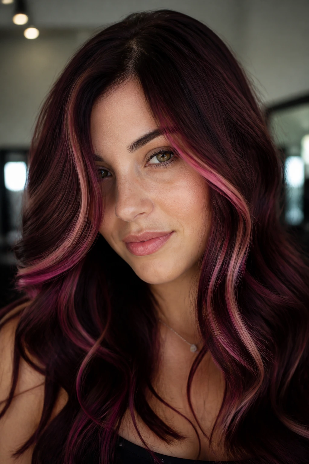 Close-up of a real person with black cherry hair and pink ribbons along the sides.