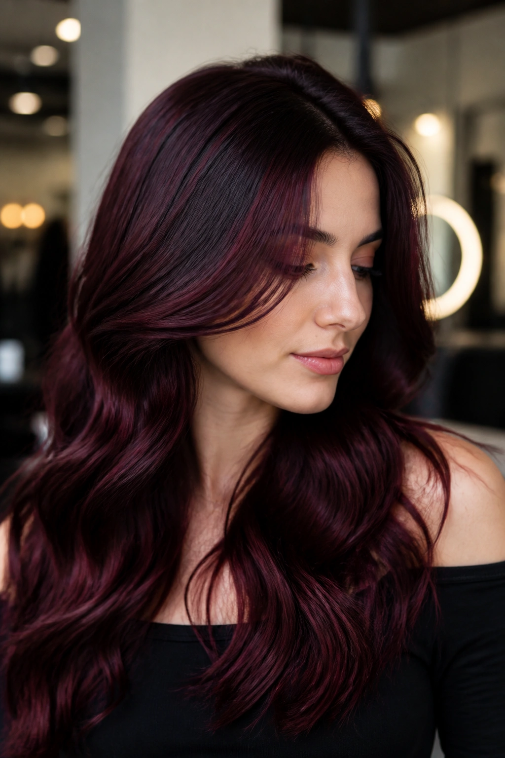 Close-up portrait of a real woman with black cherry rose hair and glossy shine
