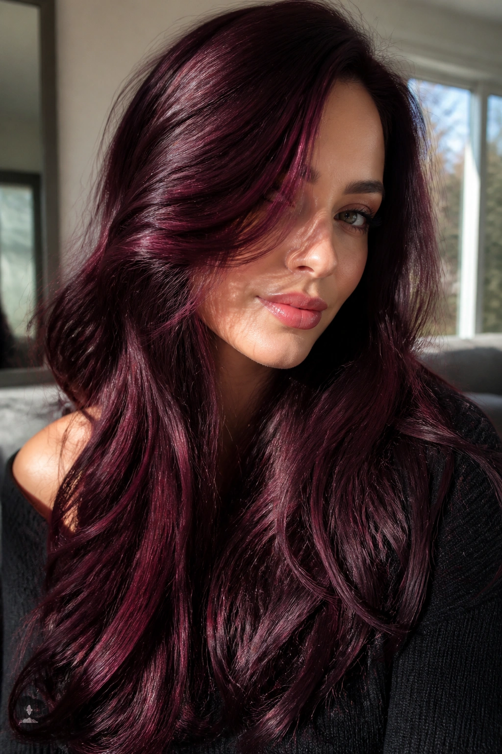 Close-up of woman with Black Cherry Rose hair in daylight.