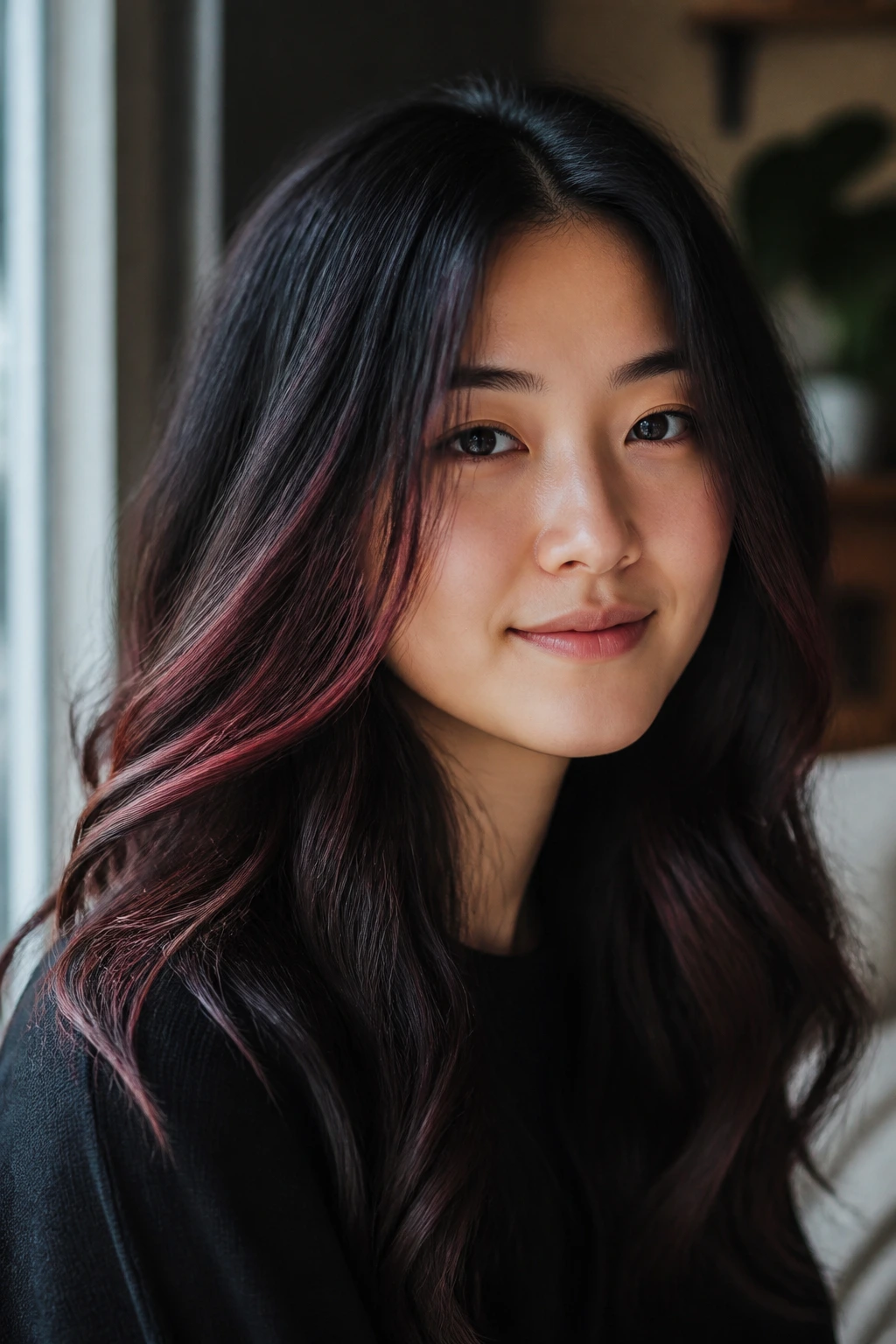 Close-up portrait with subtle black cherry shadow lights in hair.