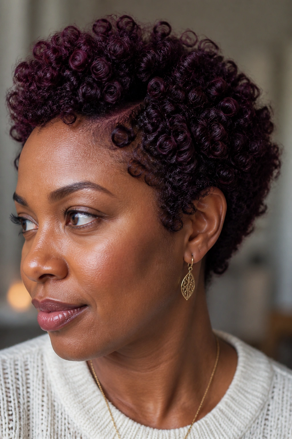 Real person with short coils in Black Cherry, depth and shine with berry undertones.