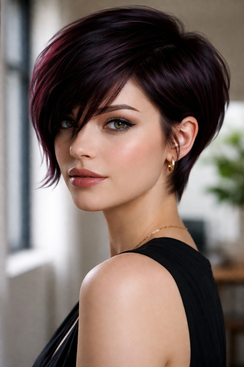 Close-up of a woman with short black cherry hair showing violet-red flashes