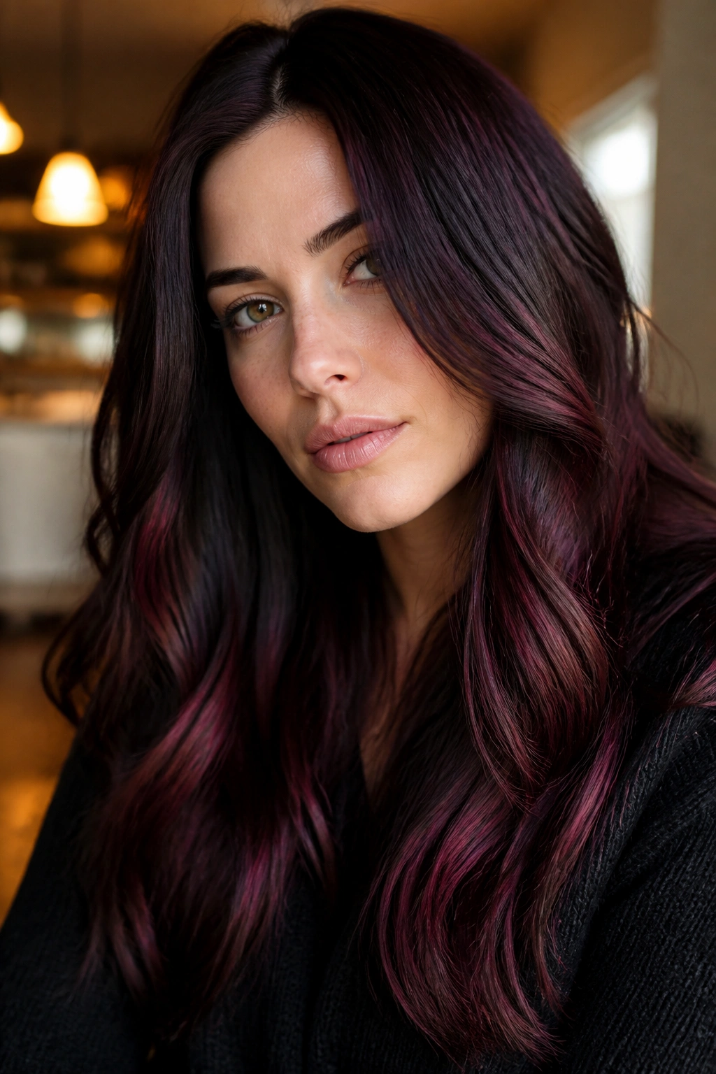 Close-up portrait of a real person with black cherry velvet hair, deep near-black base with red-purple shimmer.