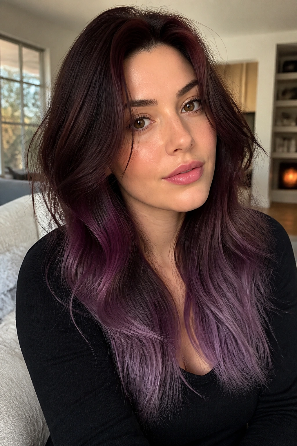 Close-up portrait of a real woman with black cherry base hair and violet ends in warm window light