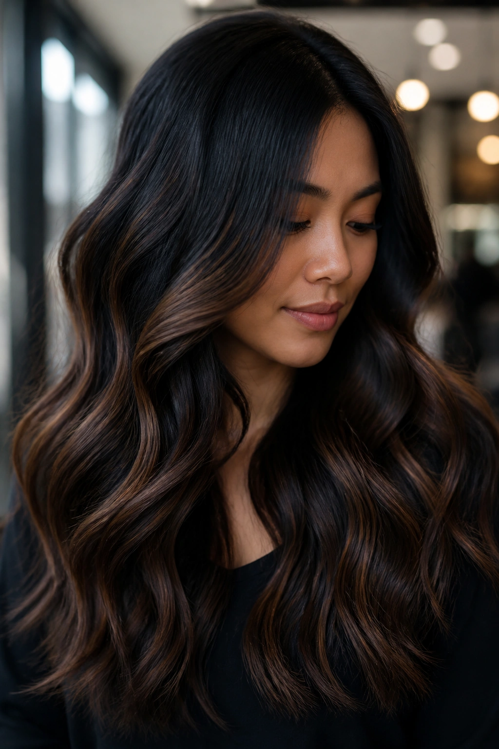 Close-up of a woman with long black hair featuring chocolate ribbon balayage through the mid to lower lengths