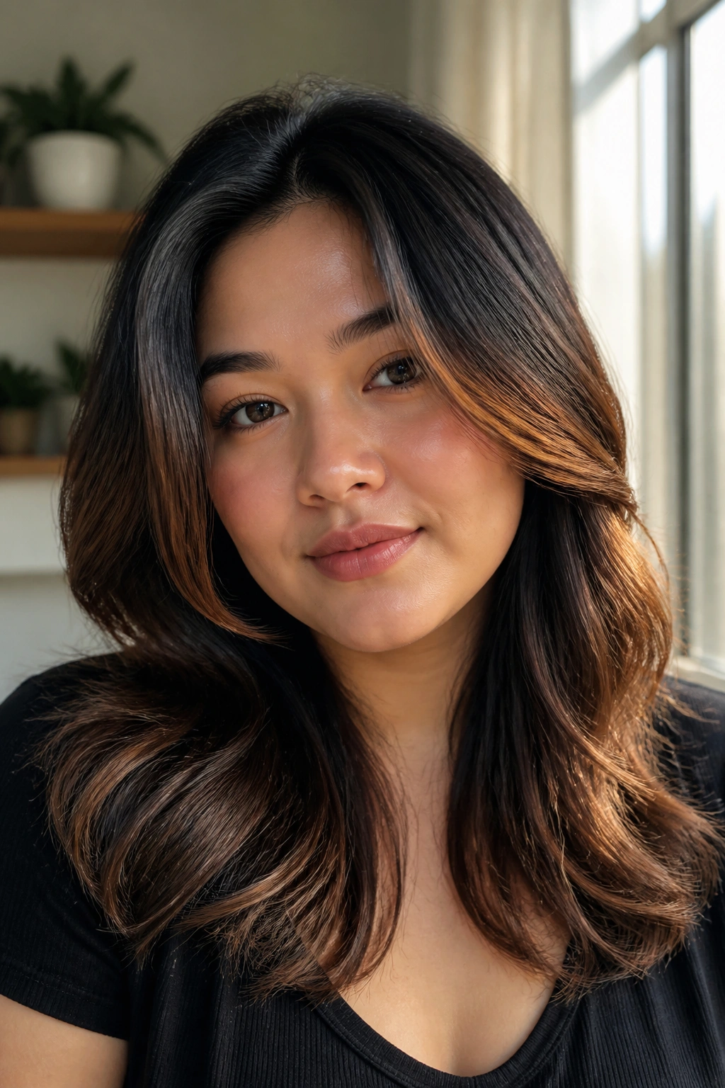 Close-up of a real woman with black hair and cinnamon gloss along mid-lengths and ends.
