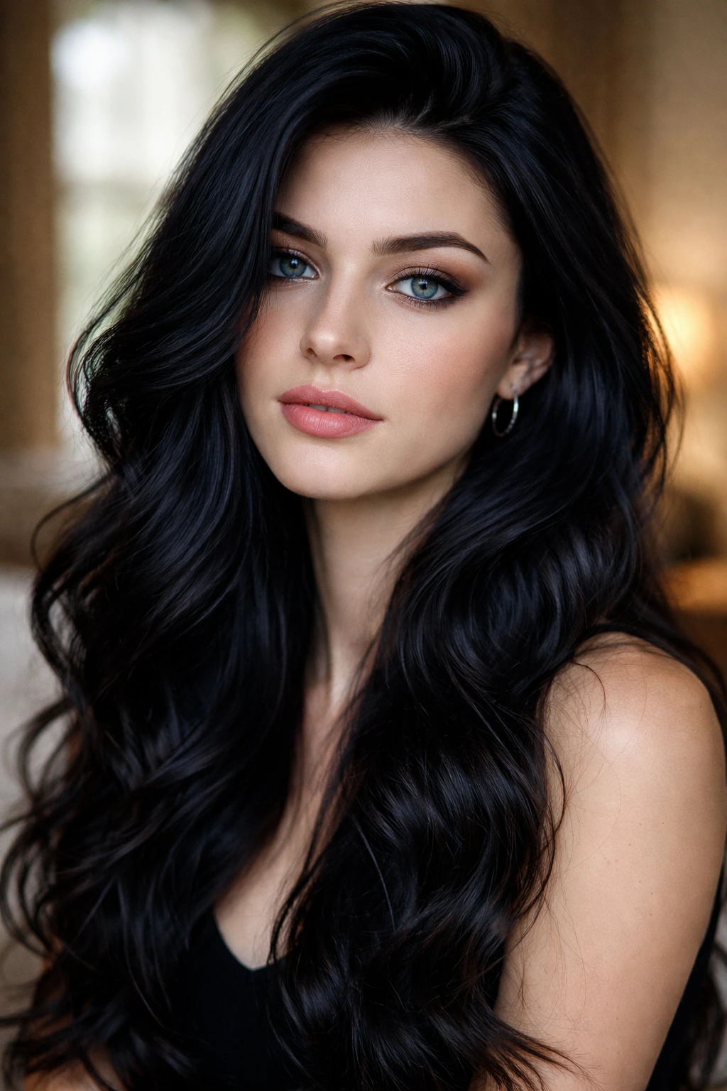 Close-up portrait of a real woman with deep blue-black Black Coffee hair framing her face in natural window light