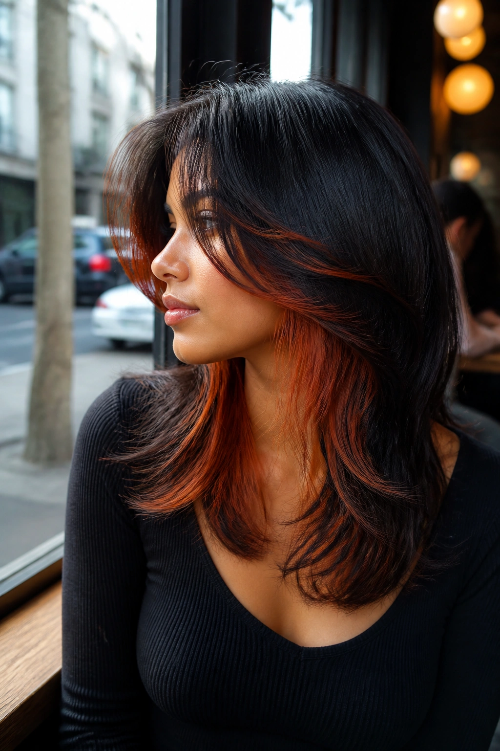 Portrait of layered hair with copper peekaboo under black layers.