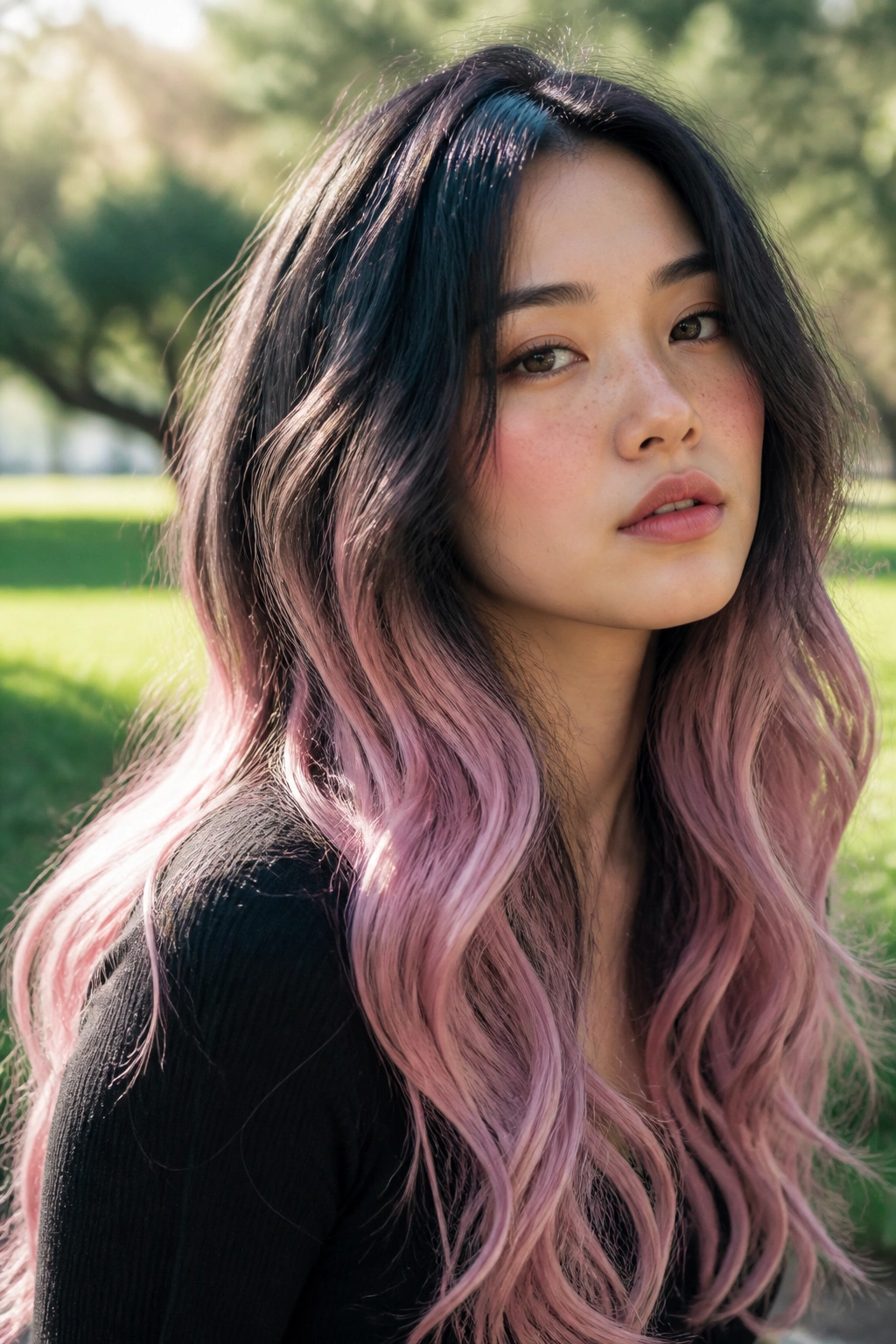 Close-up of black crown with cherry blossom fade on long wavy hair