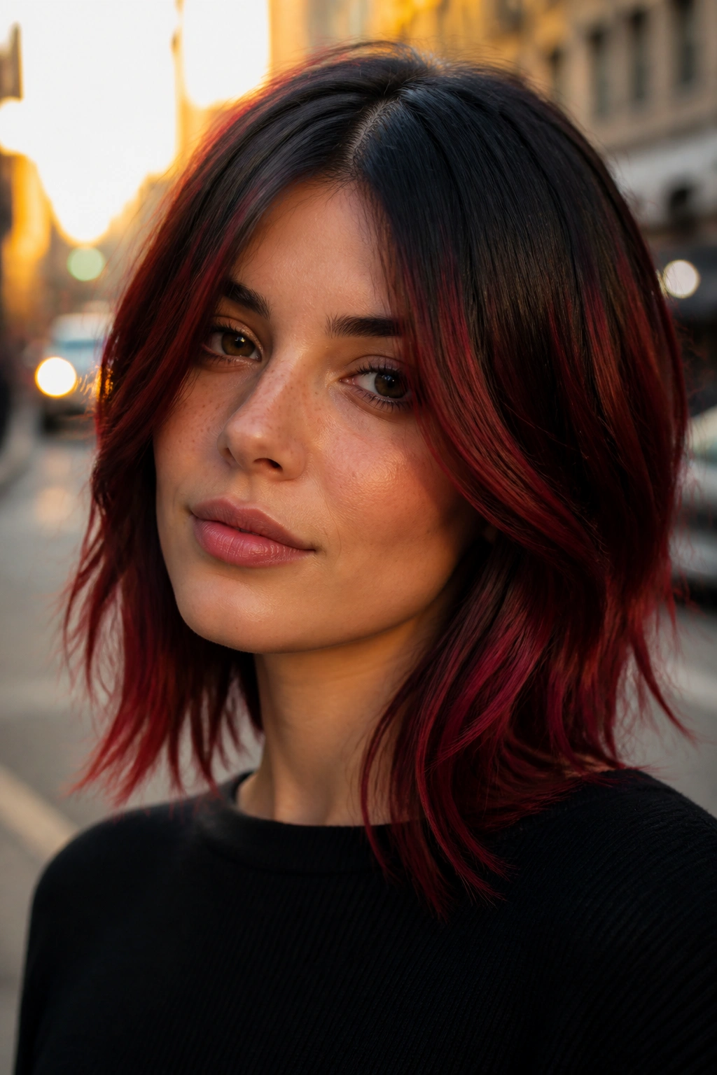Portrait showing black crown smudge with crimson mid-lengths