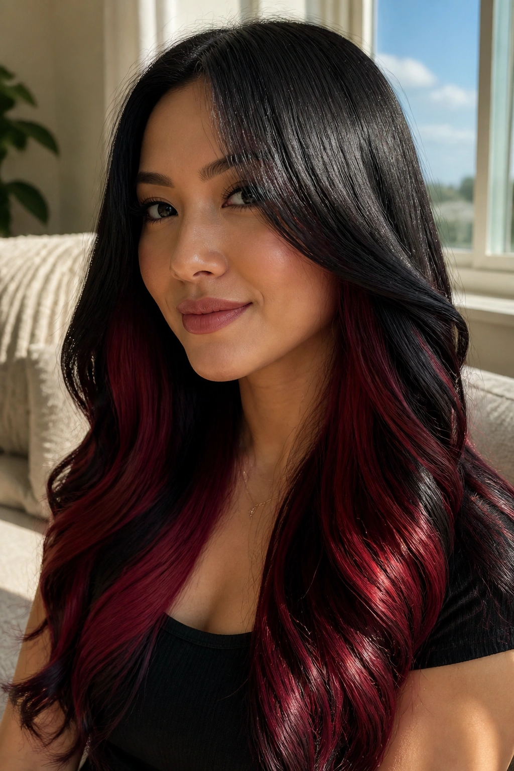 Close-up portrait of a real woman with a black crown and red peekaboo panels in long hair