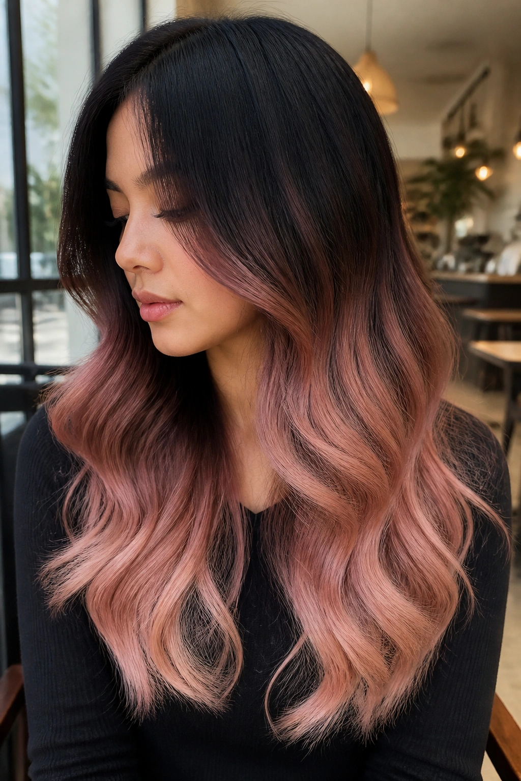 Close-up portrait of a real woman with black crown fading to rose gold pink on long hair, soft cafe lighting.