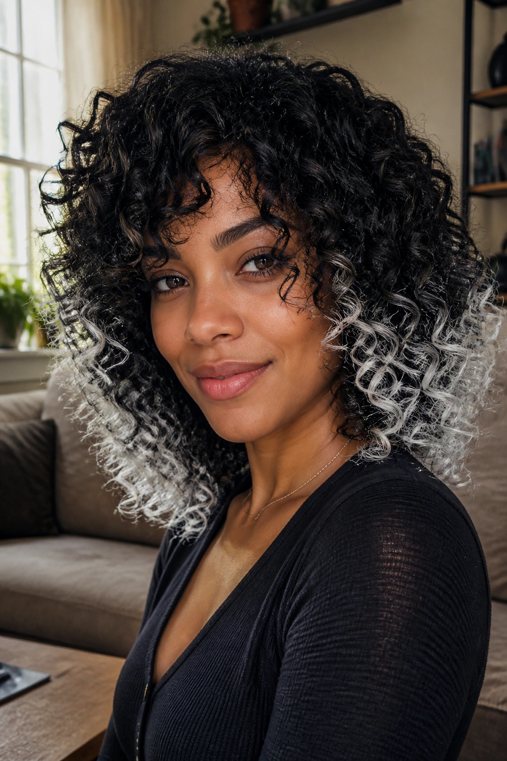 Close-up of a real woman with black curls and frosted white tips.