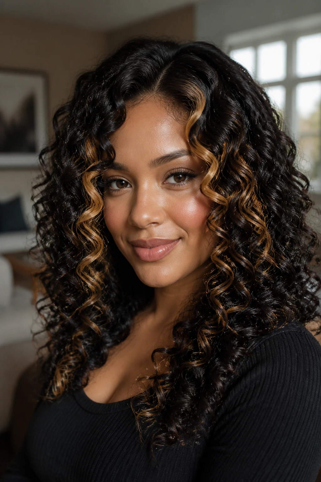 Close-up of a real woman with glossy black curls and warm blonde ribbons threaded through them