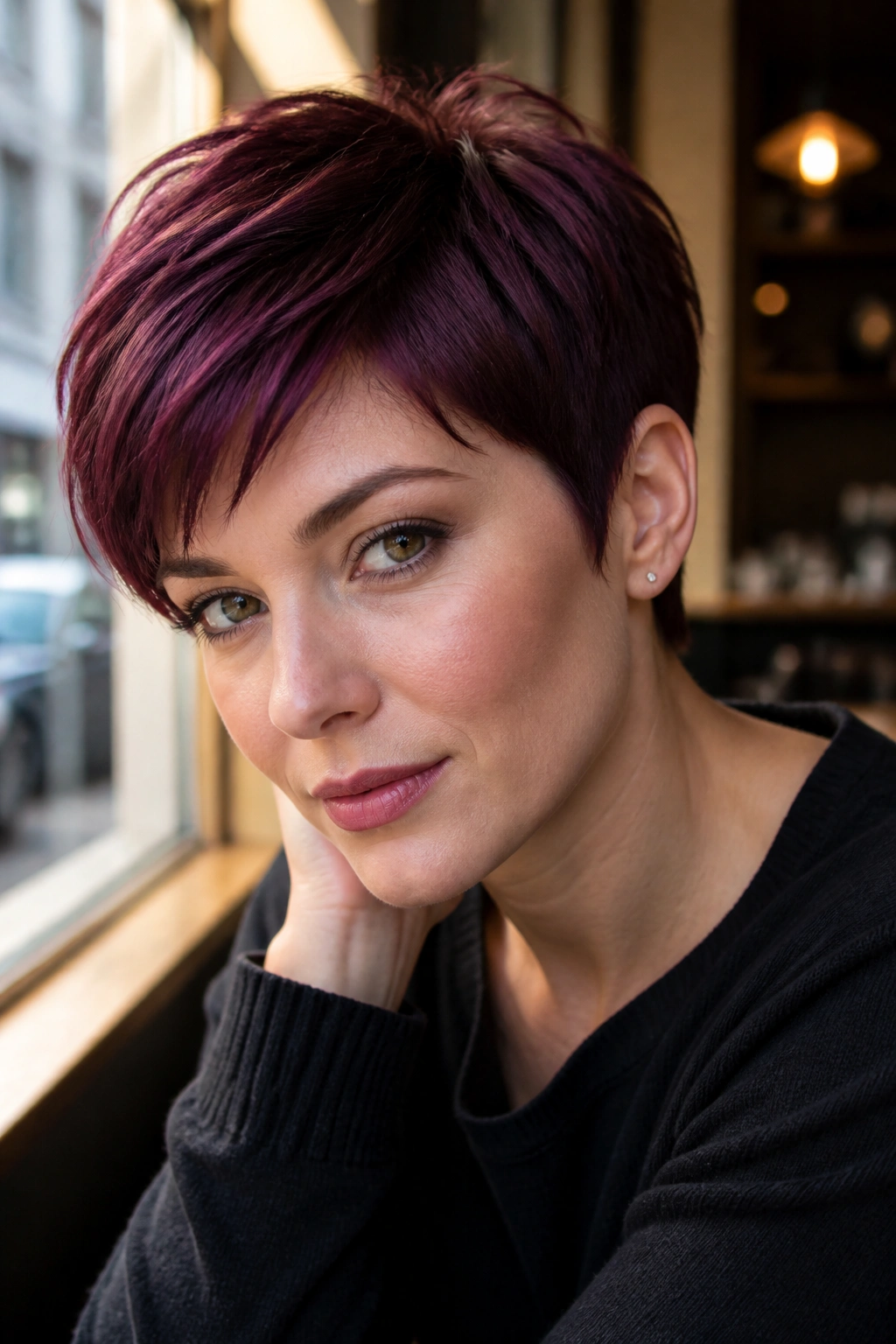 Close-up portrait of a real person with black currant gloss on short hair