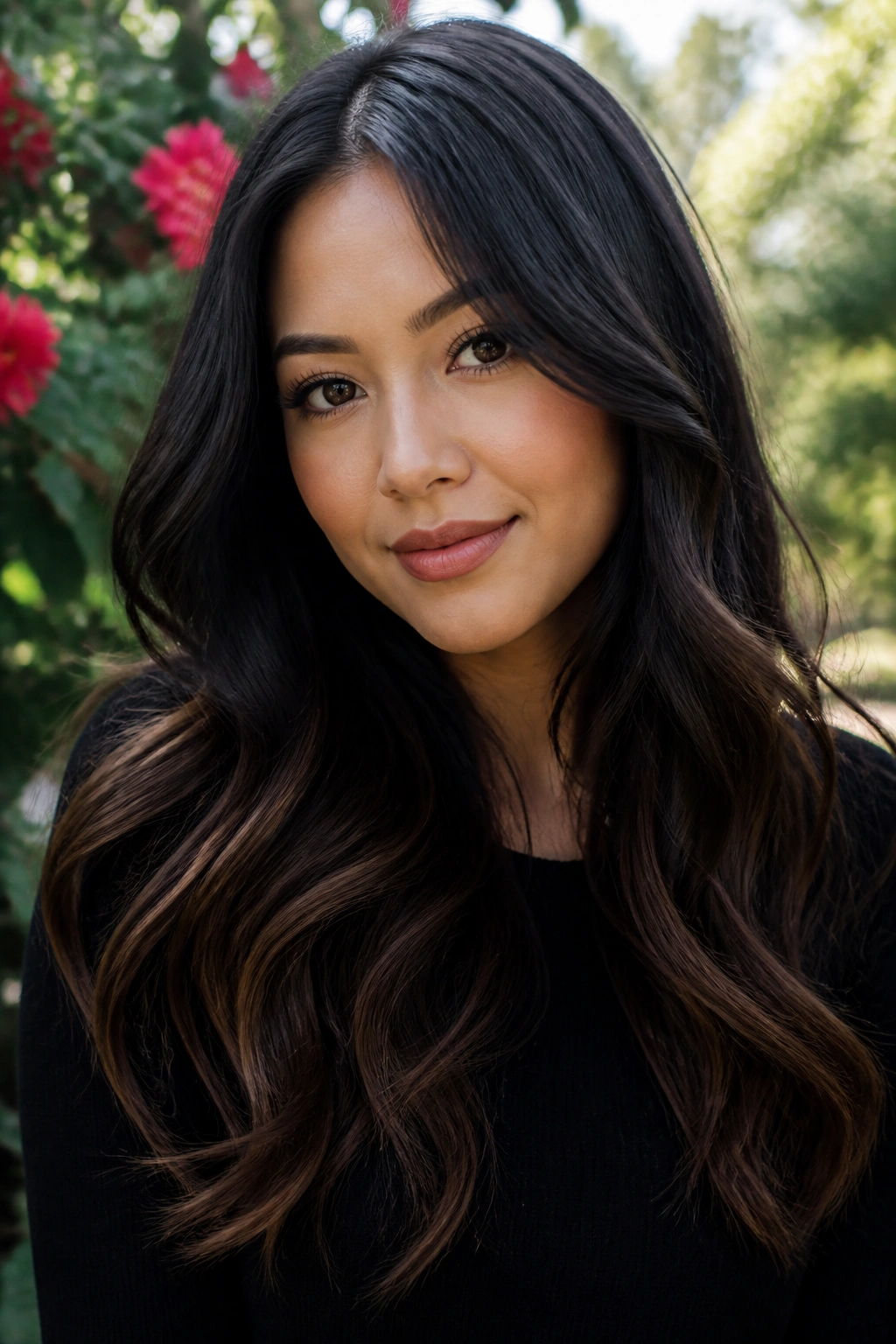 Real woman with black to espresso ombré hair in a natural outdoor setting.