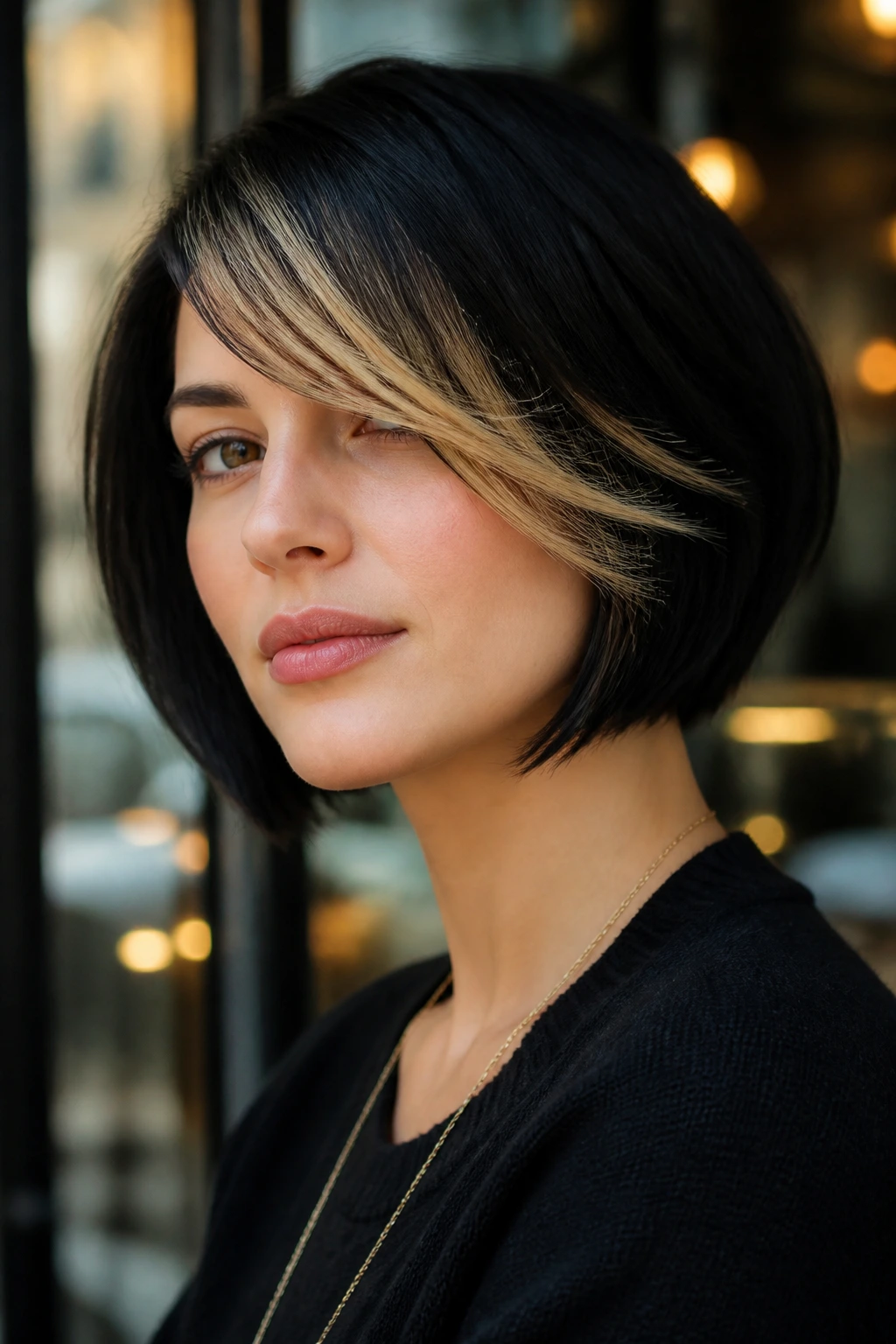 Close-up of a real woman with black French bob and side-swept blonde fringe