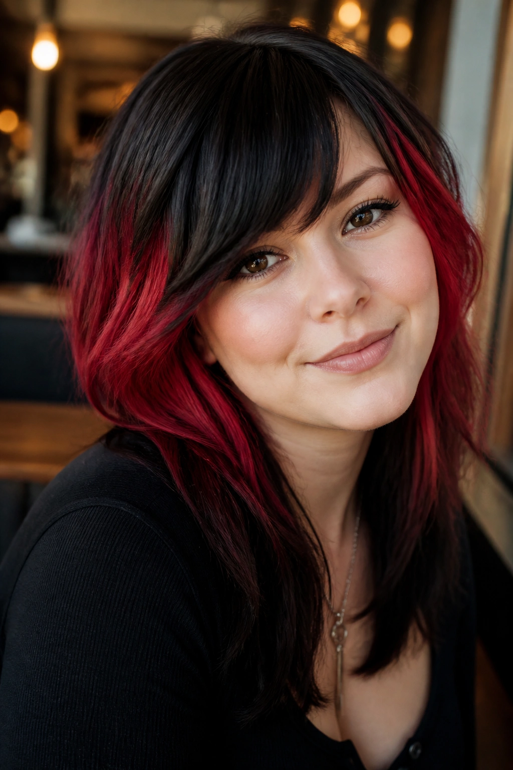 Real person with black fringe and red temples in a warm cafe setting
