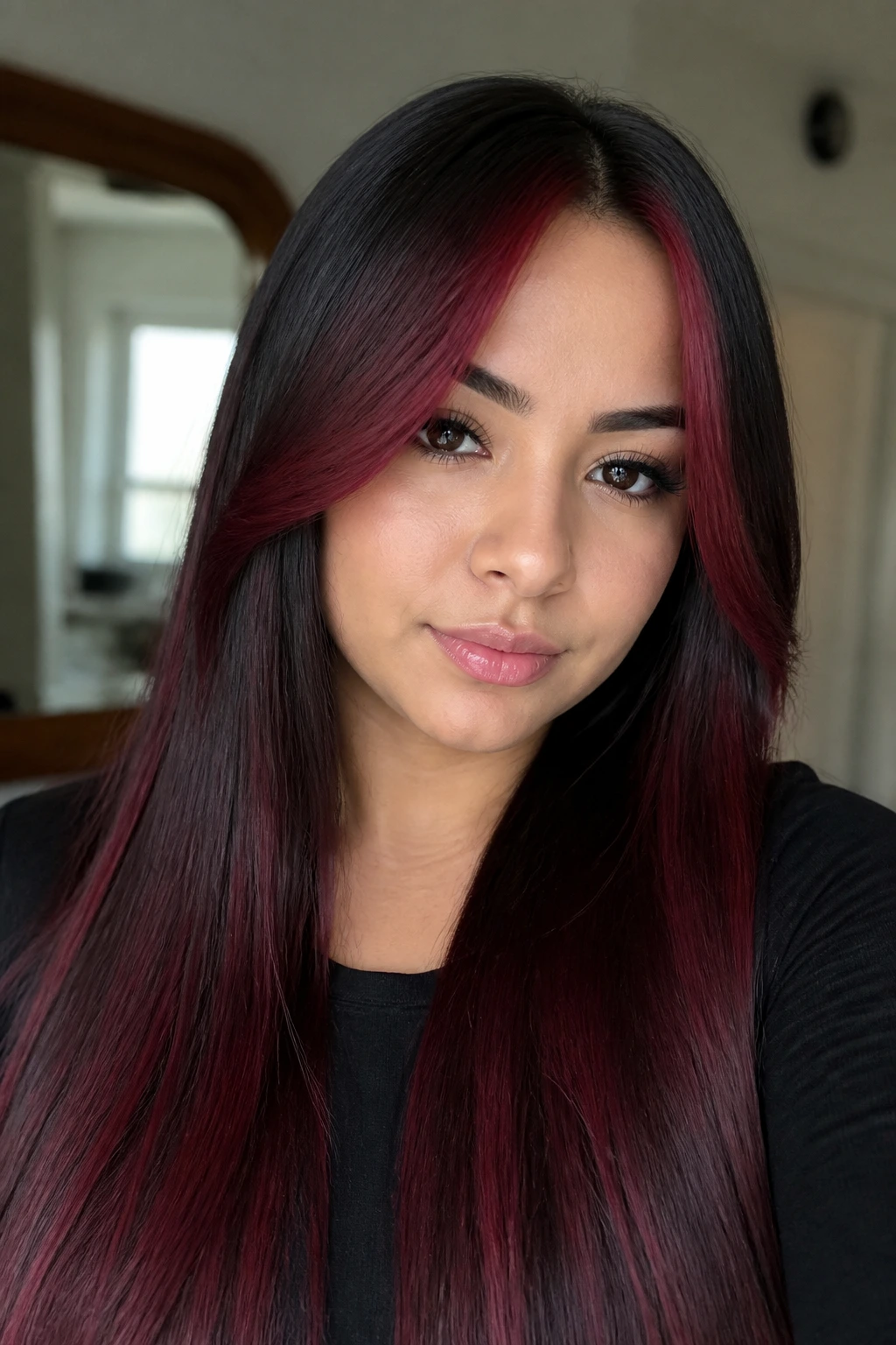 Close-up of black-to-garnet ombre with face-framing pieces on long hair