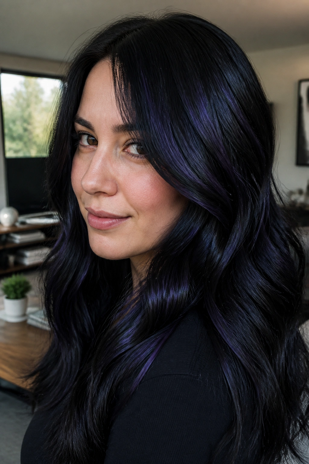 Close-up of real person with midnight black hair and hidden purple sheen visible in light