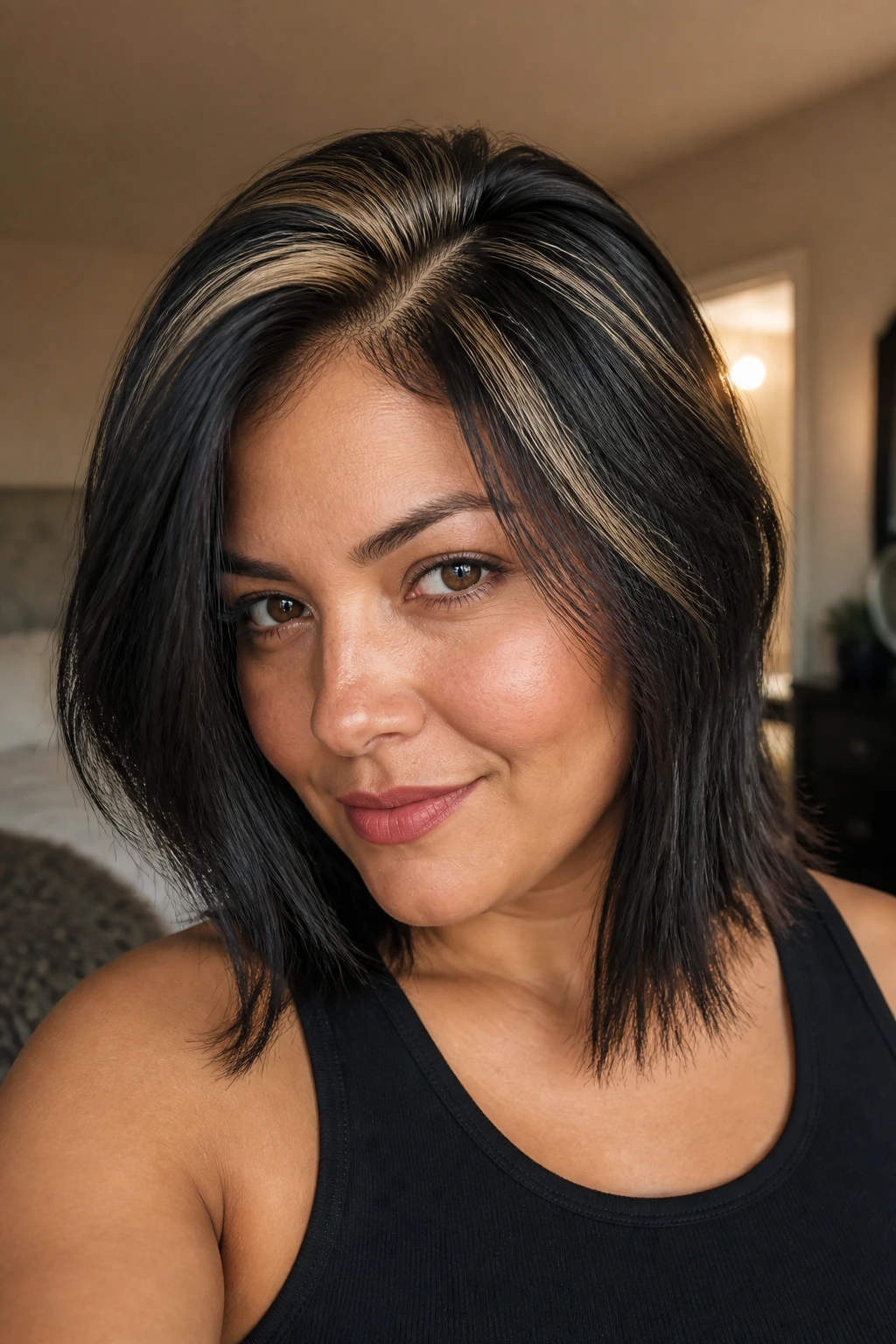 Real woman with shoulder length black hair and golden blonde apex highlights