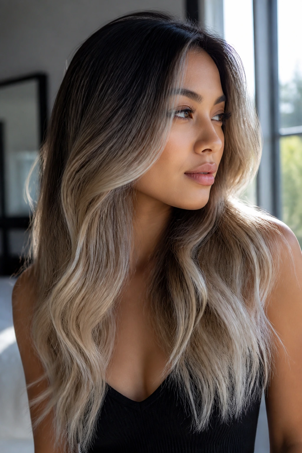 Real person with black roots and ash blonde gradient in long hair