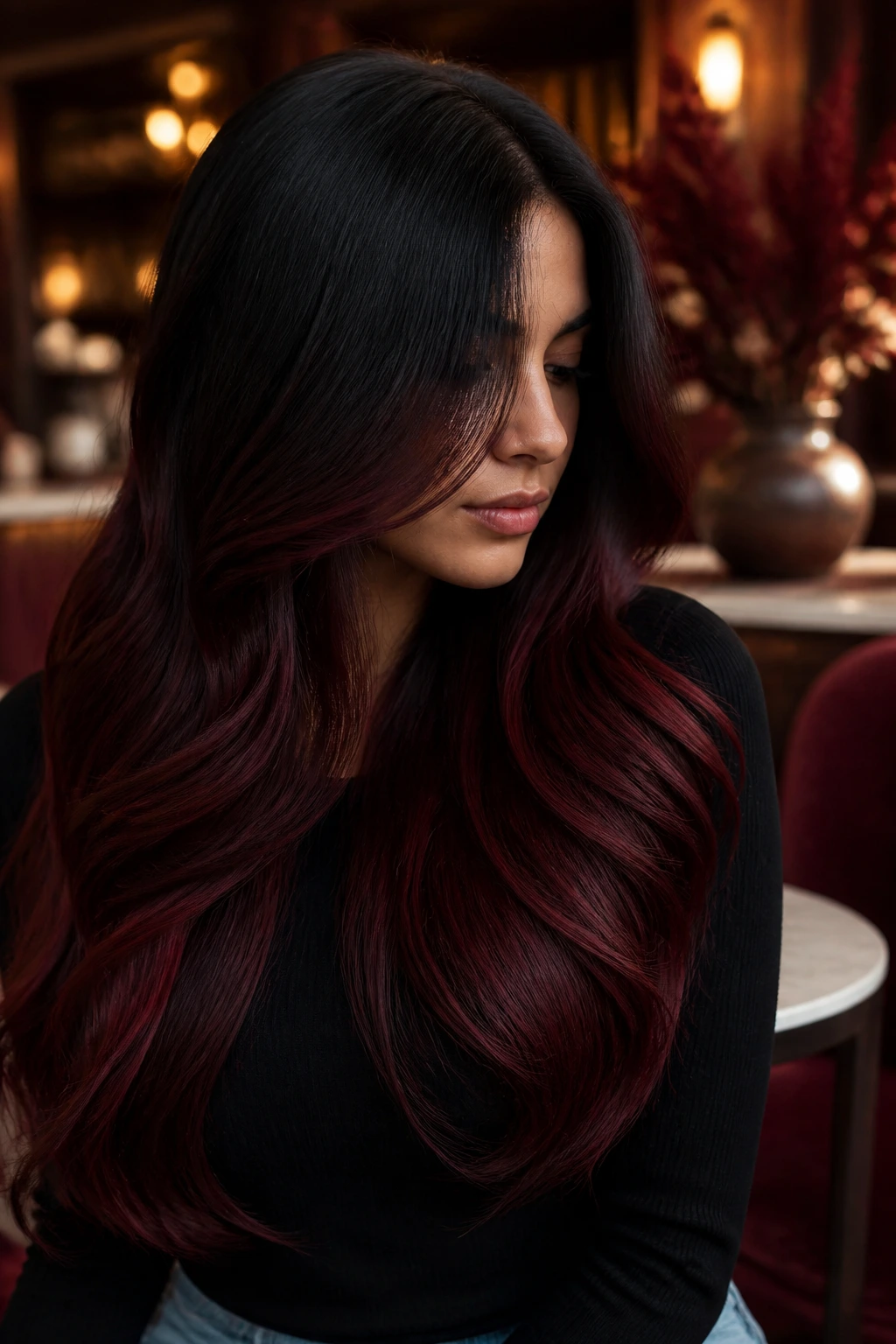 Real person with black to cherry cola ombre hair in a cafe setting