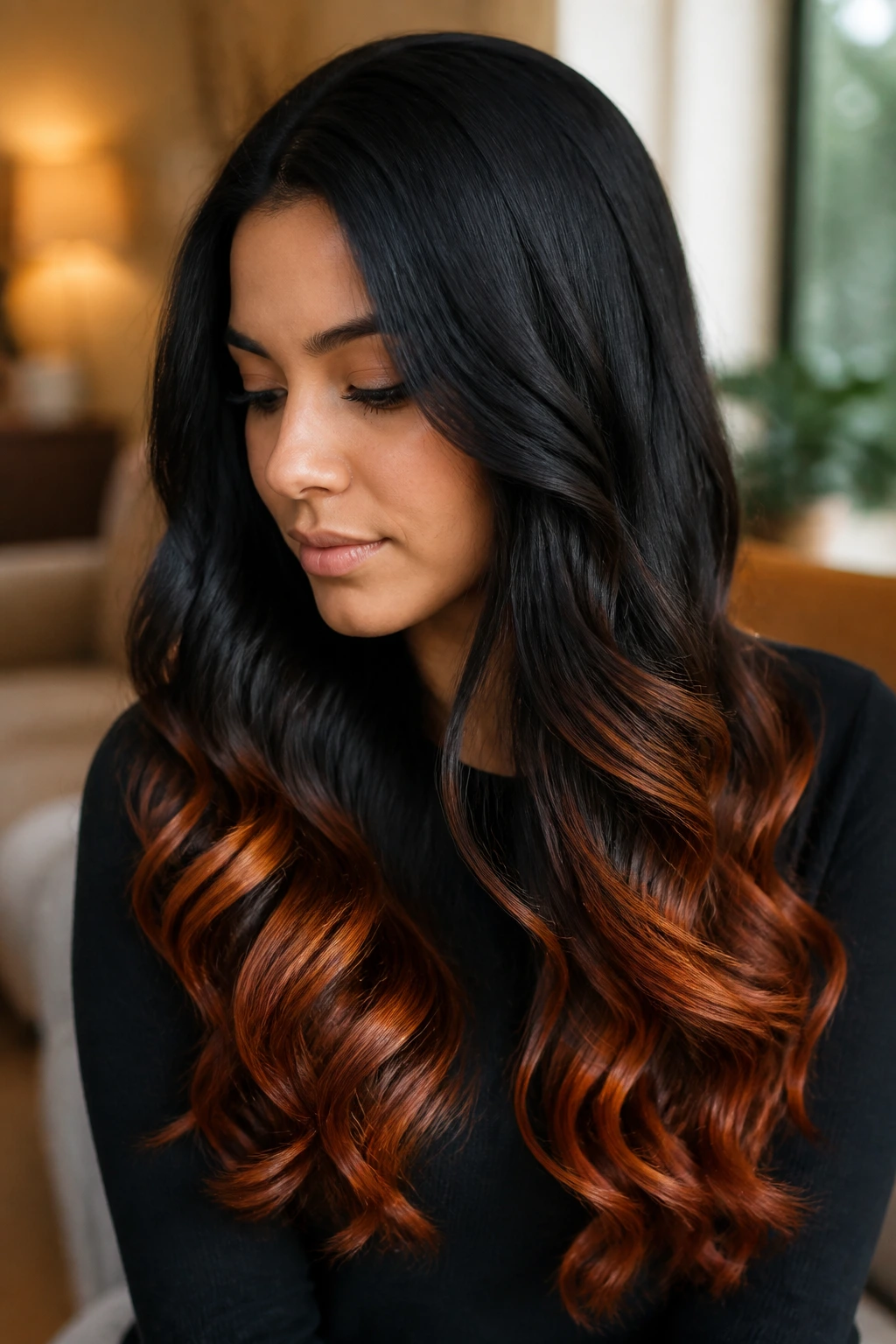 Real person with long black hair fading to copper ember ends, curled ends in warm indoor light