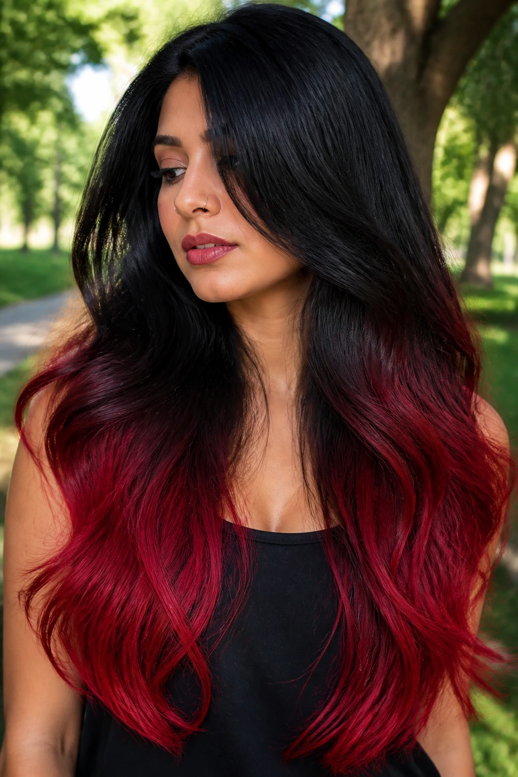 Close-up of real person with thick hair and crimson dip dye on ends in sunlight