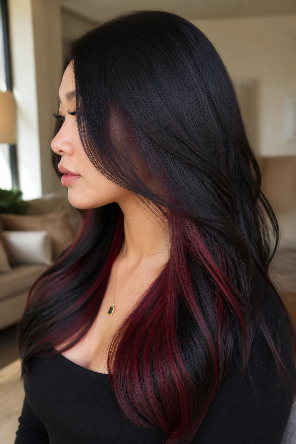 Side-profile of real person with hidden red panels under black hair
