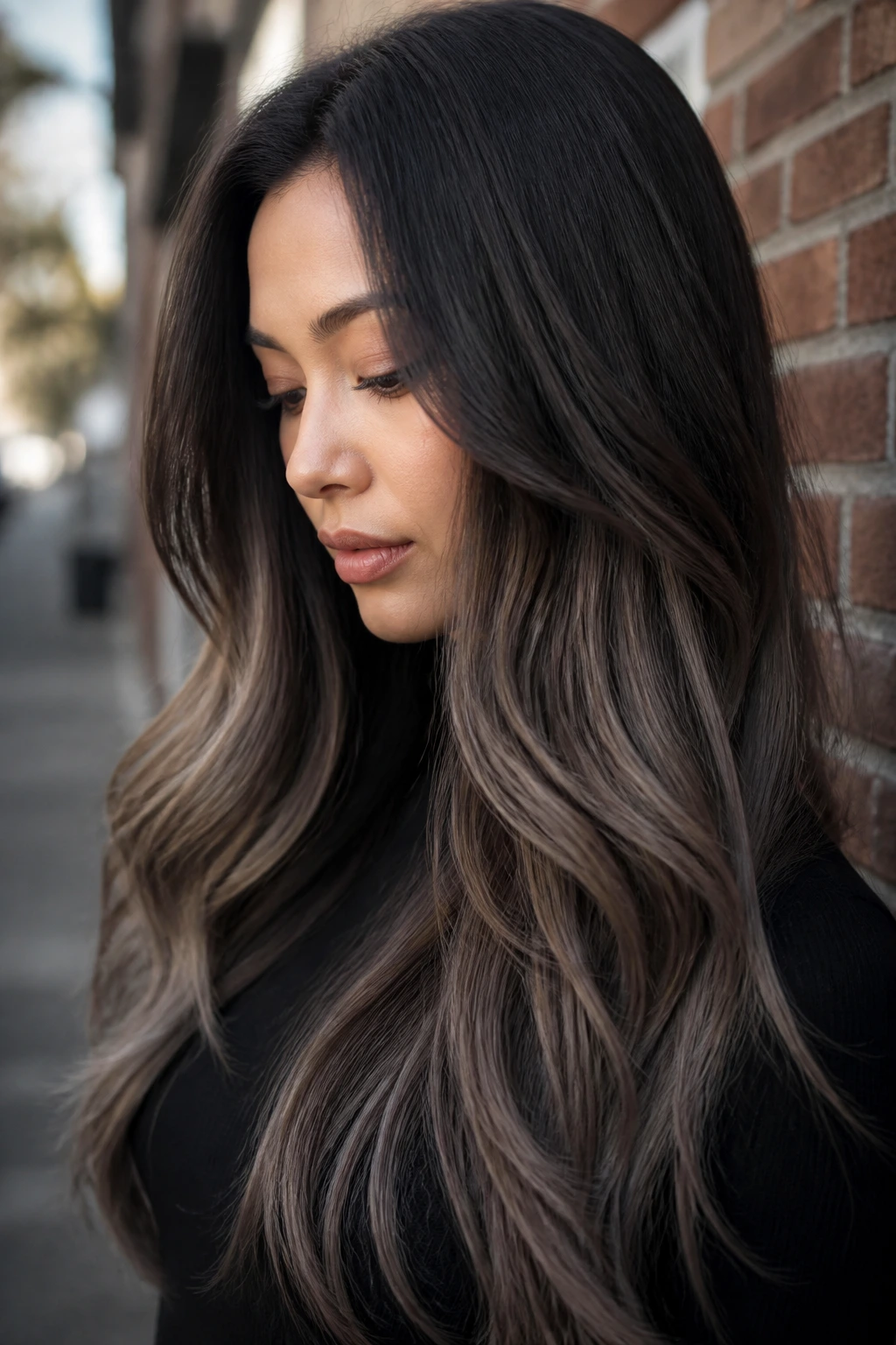 Real person with black to mushroom brown fade in long hair
