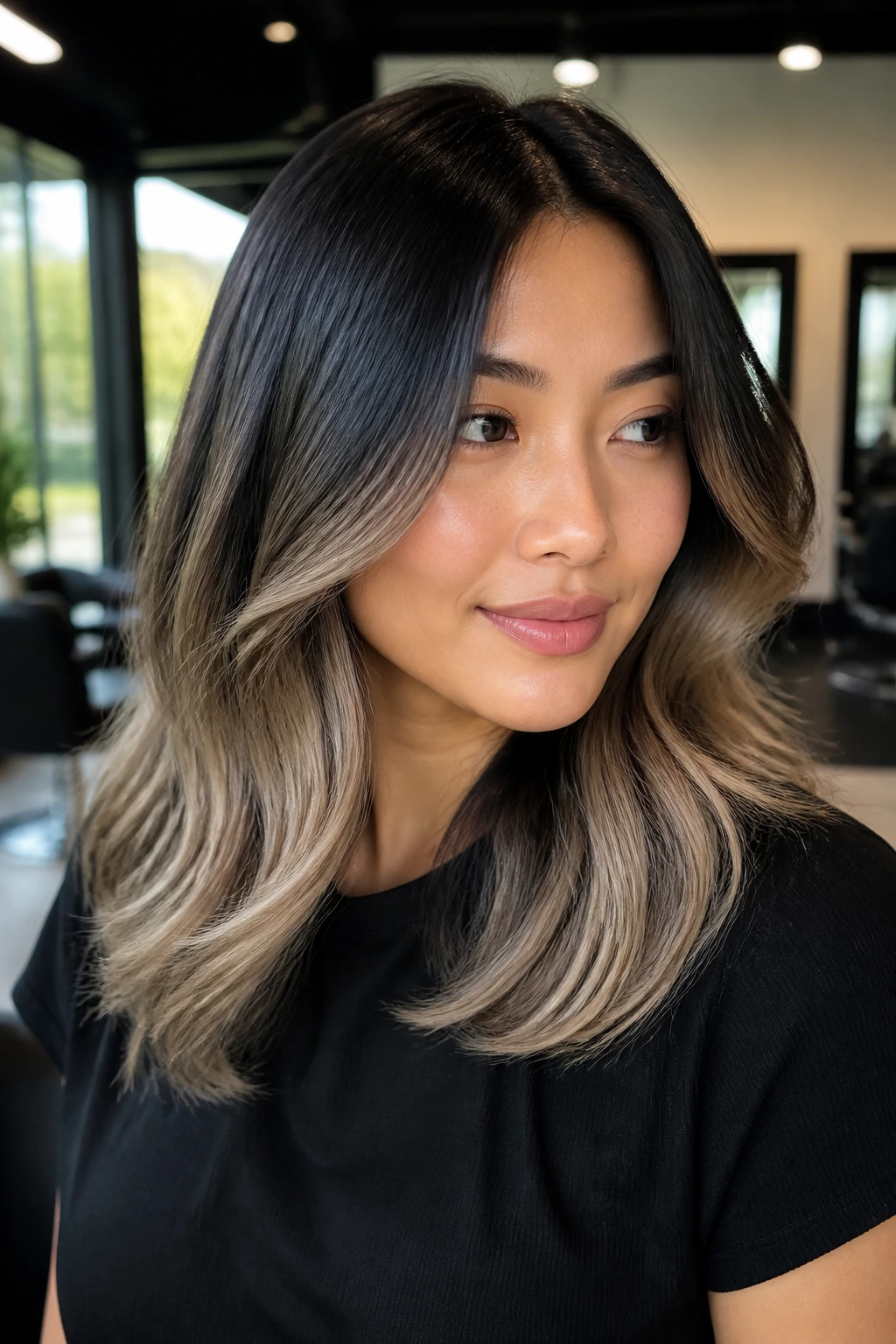 Close-up of a real woman with smoky blonde ombré on glossy black hair in a salon setting