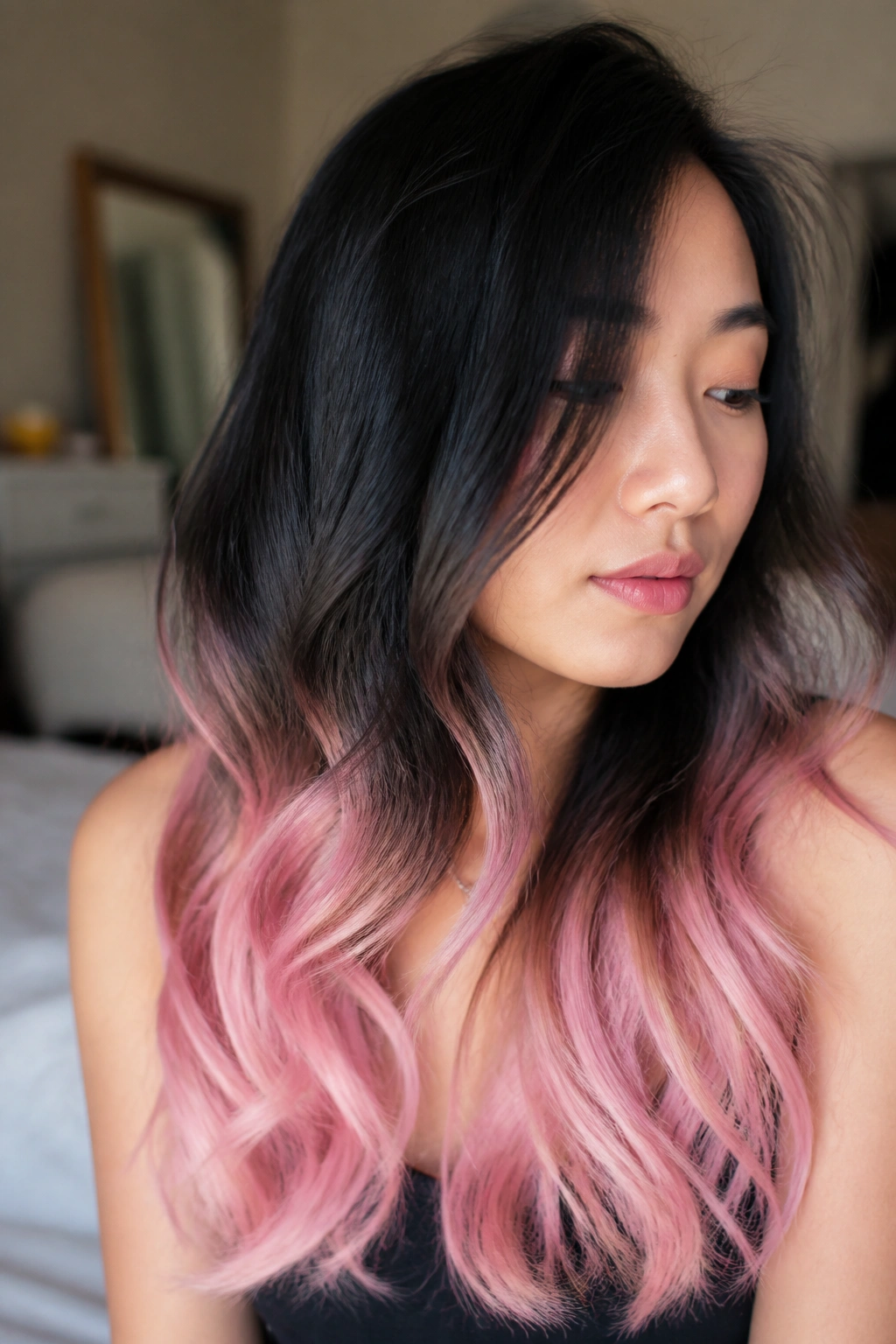 Long black hair with pastel pink cloud ends in window light.