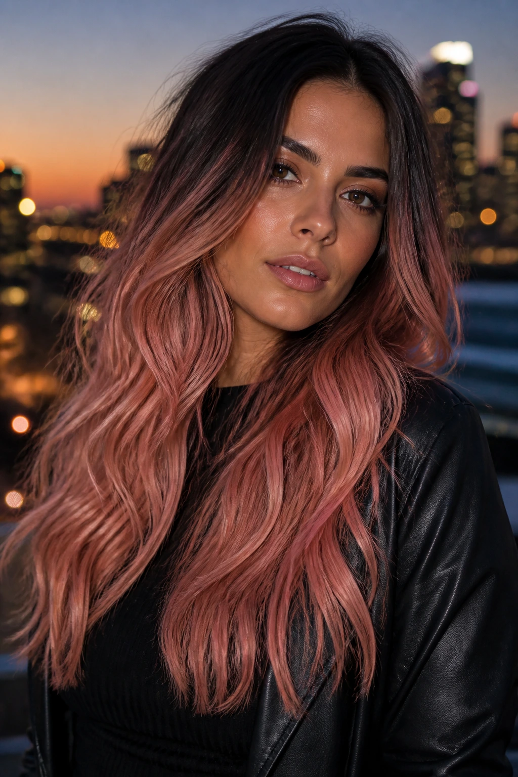 Close-up of black hair with smoky root shadow and rose gold lengths on a real woman
