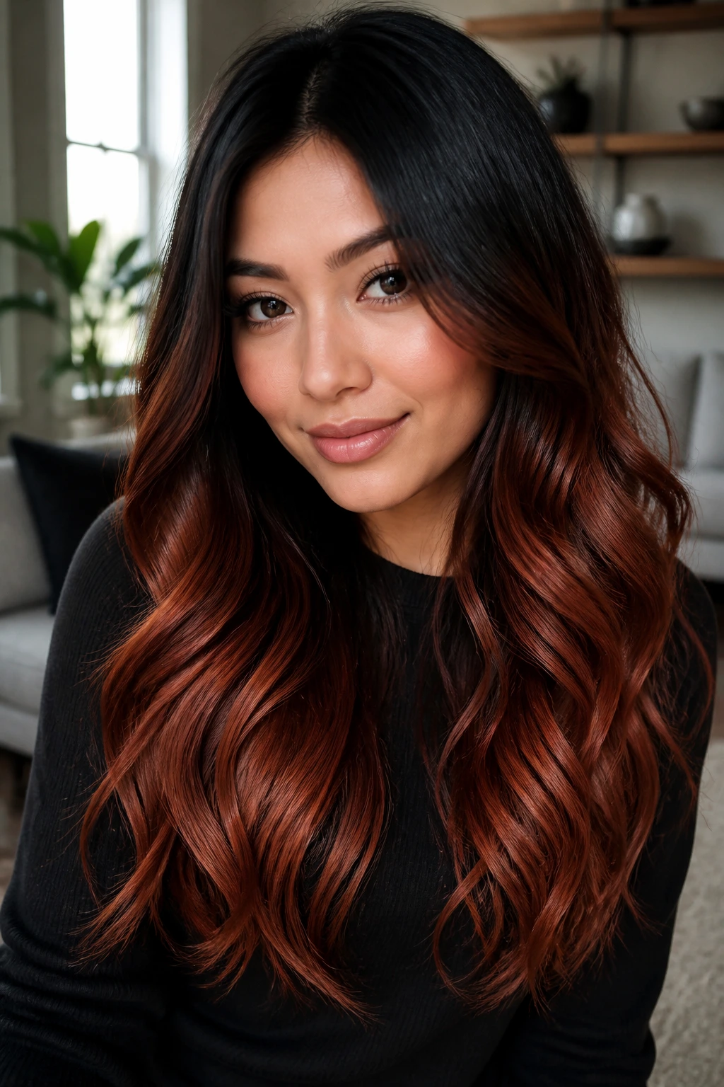 Close-up of real woman with glossy black roots and rust-red ends in natural light