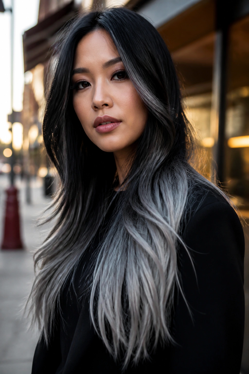 Portrait of black hair with steel silver tips on real person in urban light