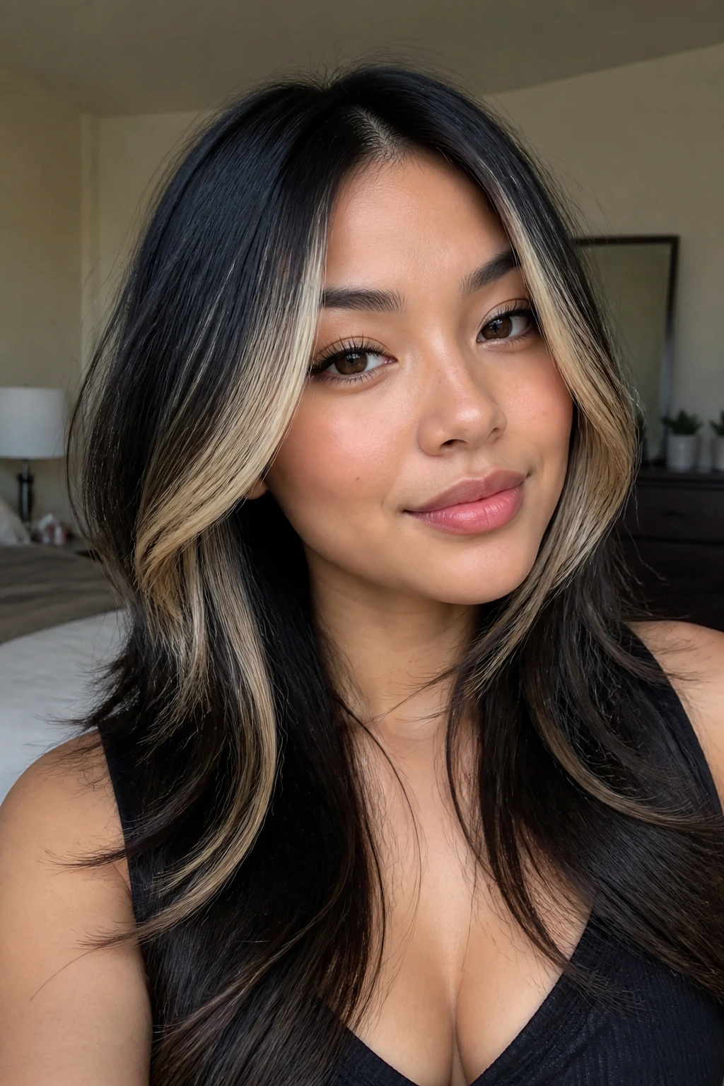 Close-up of a real woman with black hair and vanilla blonde face-brightening highlights at the cheeks