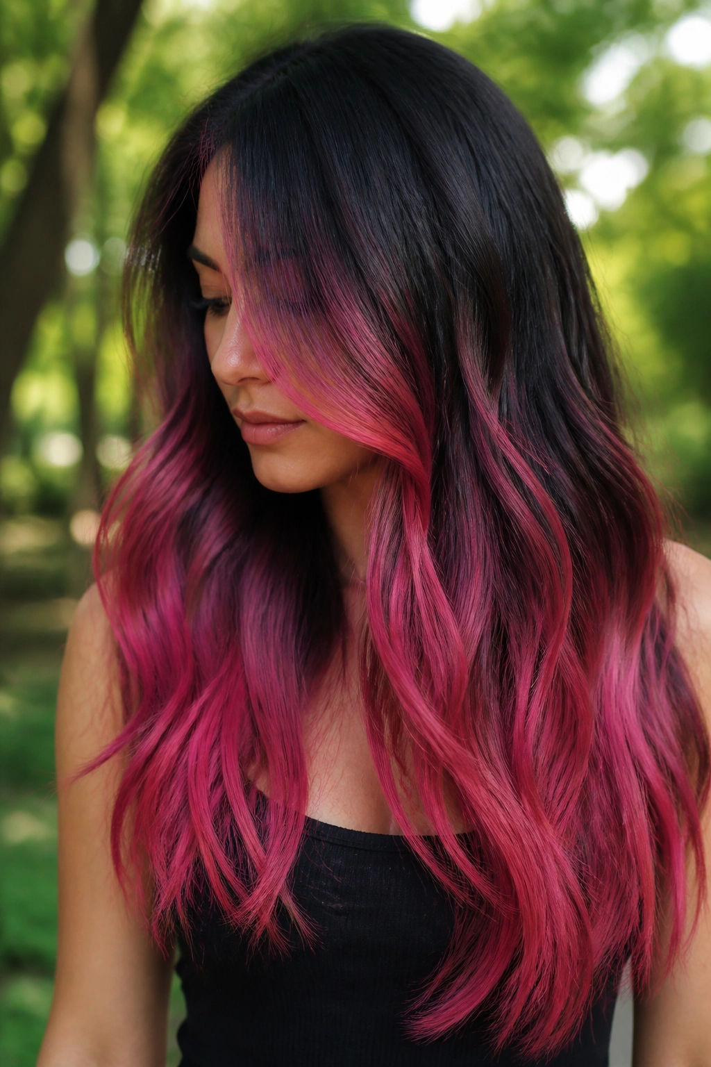 Close-up of long black hair with watermelon pink balayage woven through the lower lengths.