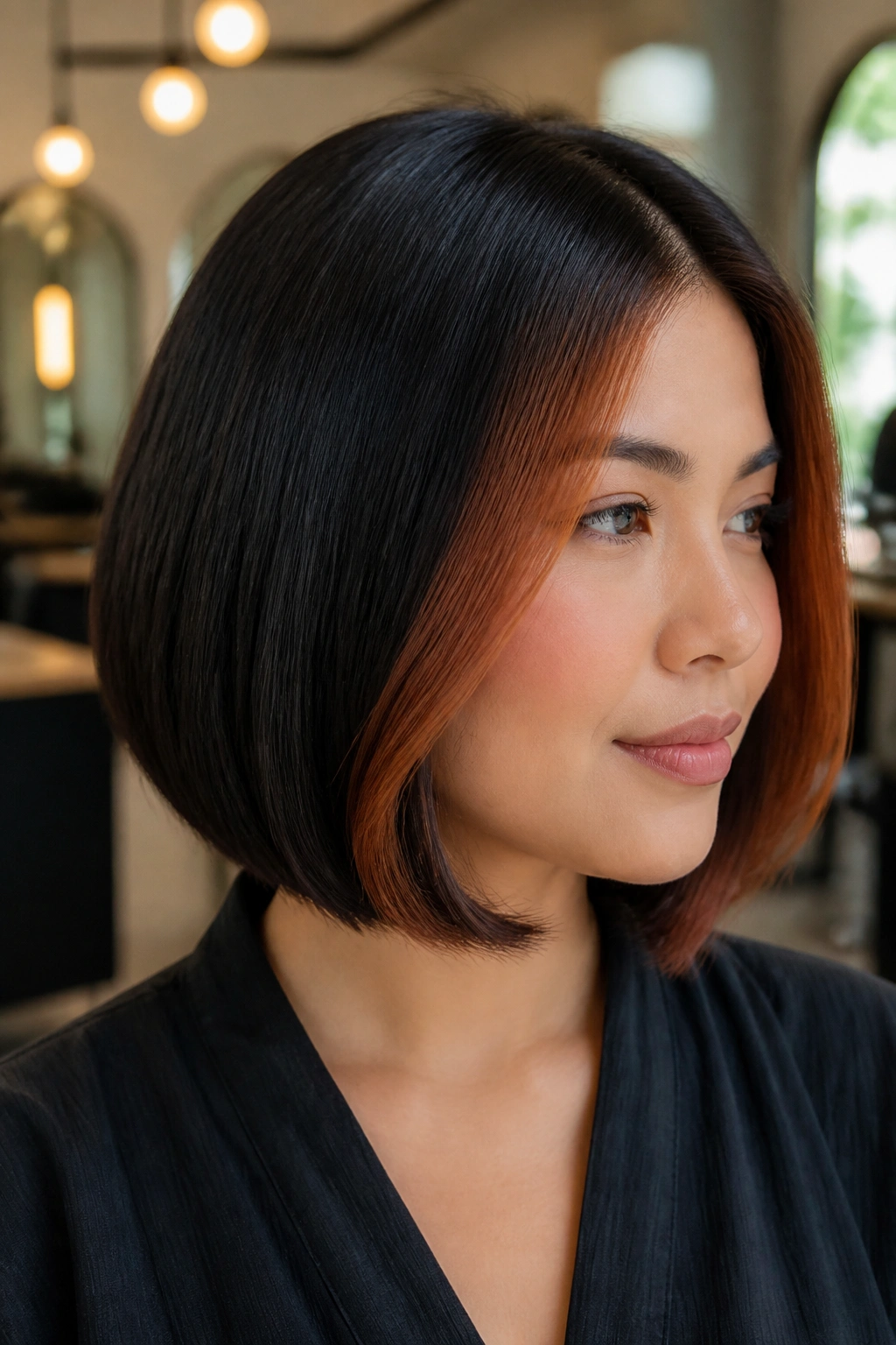 Close-up portrait of a real person with Black Lob With Auburn Face Frames and Dark Root Smudge hairstyle