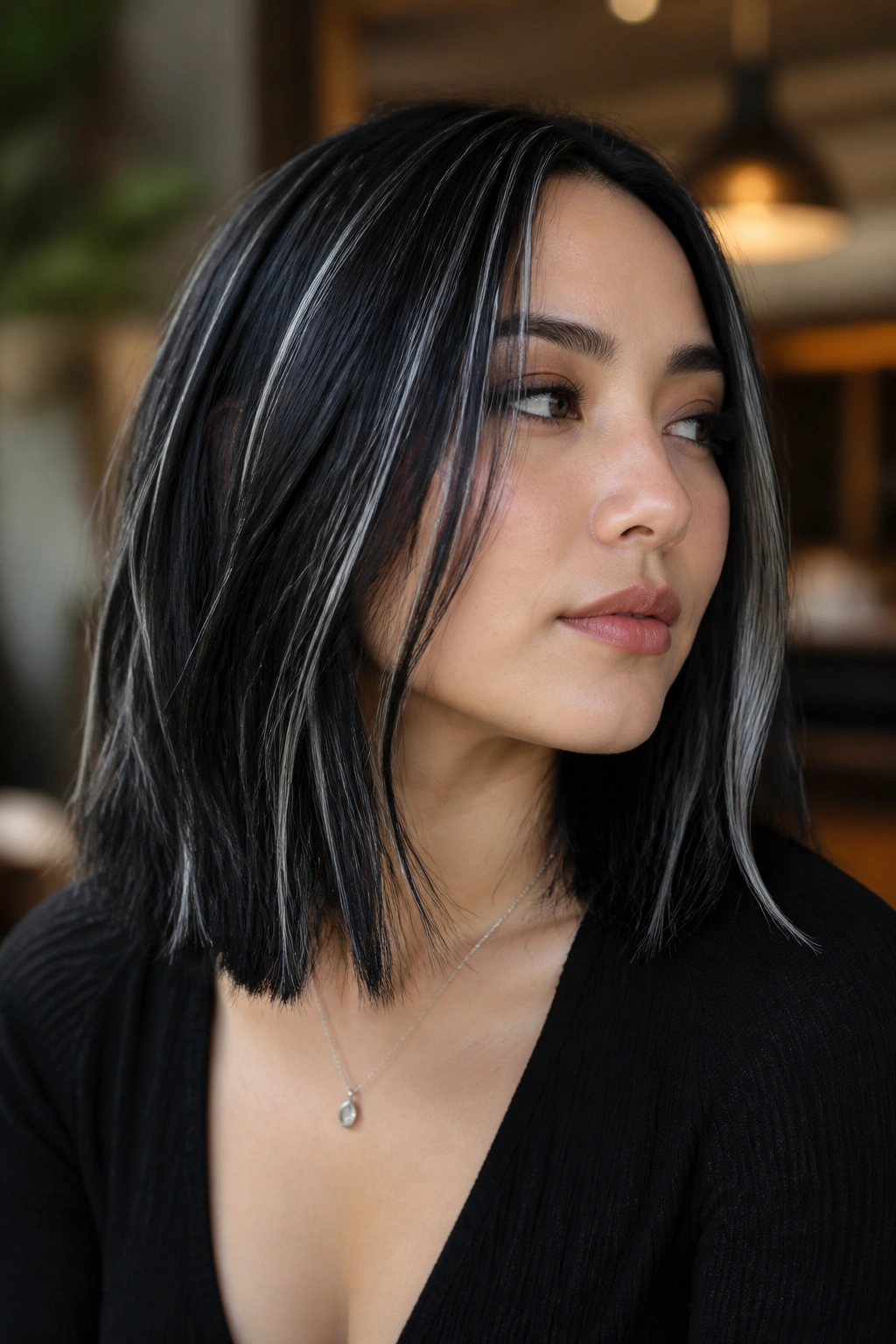Portrait of a real woman with a black lob and silver ribbons woven through the hair