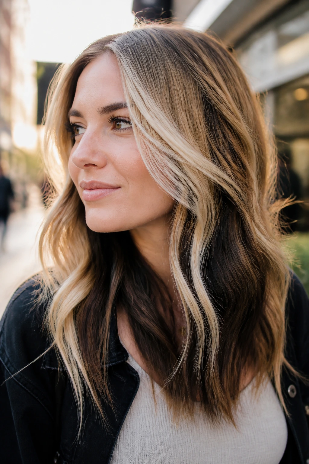 Close-up hair portrait showing black lowlights under blonde surface pieces on a real person.