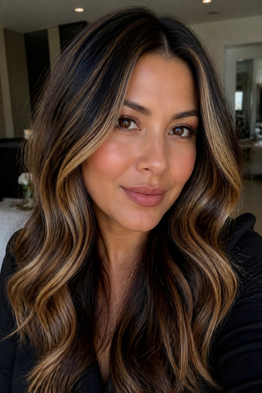Close-up of brown hair with near-black lowlights and honey blonde pieces in soft waves