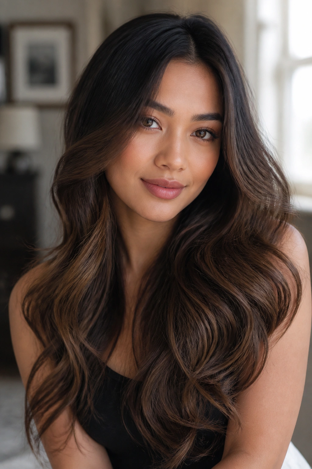 Close-up portrait of a real woman with black roots fading to mocha ends.
