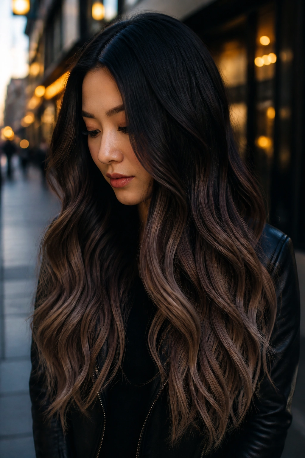 Close-up of black to mocha smoke ombre on long hair on a real woman