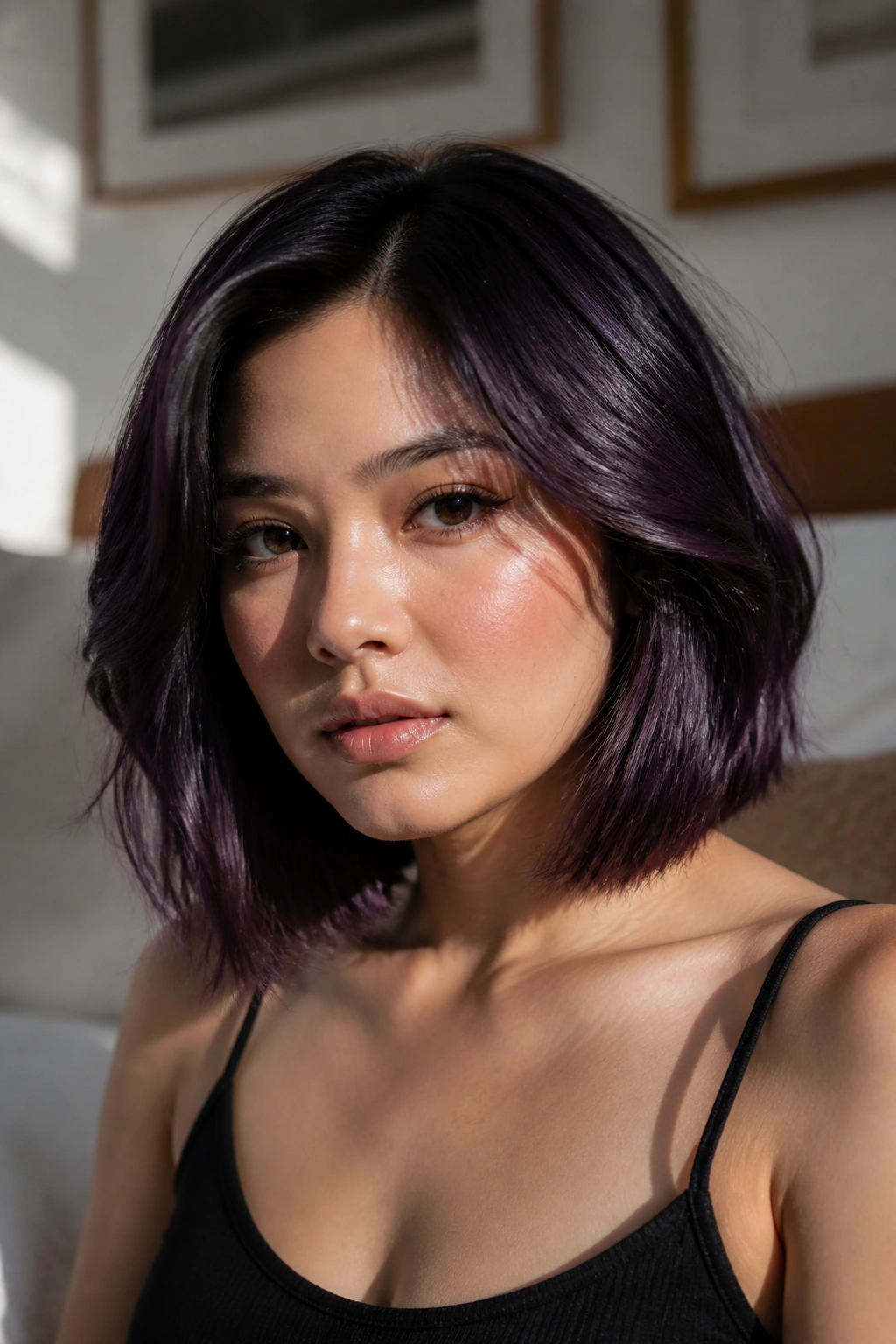 Close-up of a woman with a collarbone-length bob in black plum